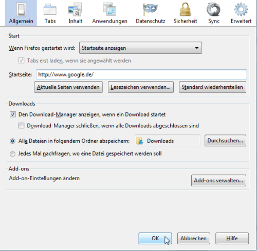 Der Startseiten-Dialog im Firefox